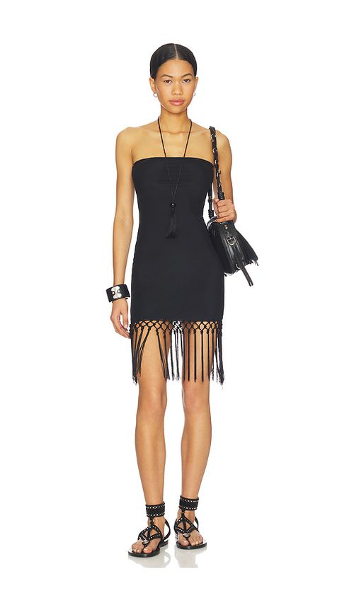 MORE TO COME Shion Fringe Mini Dress in Black. L. Also in M, S, XL