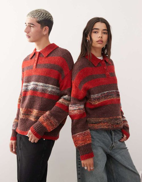 Unisex knitted polo jumper in red and brown stripe