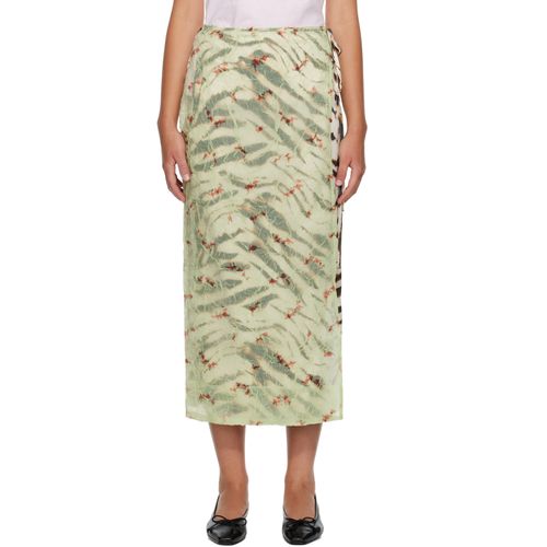 Off-White & Green Shibori Organza Printed Stretch Satin Maxi Skirt