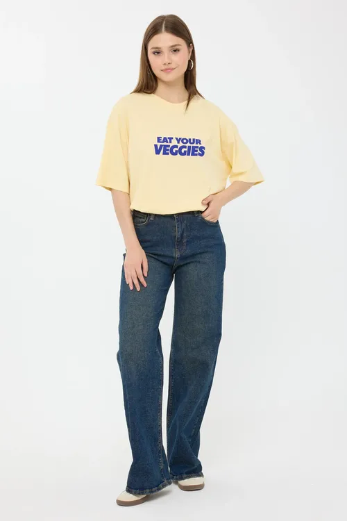 Lemon Yellow Oversized Round Neck Printed T-shirt Women