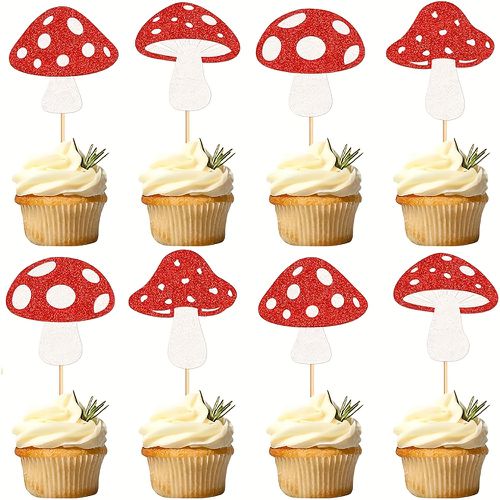 TEMU 24 Polka Dot Mushroom Cake Toppers With Green - Whimsical Party Decor For Birthdays, Showers, And Celebrations, Mushroom Decorations For Cake