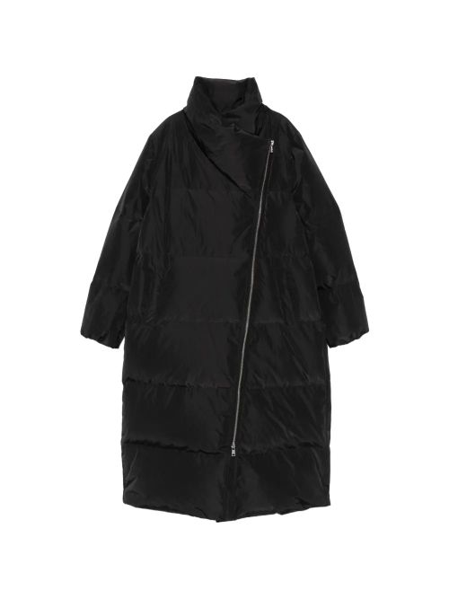 Quilted Asymmetric Zip Down Coat — Black