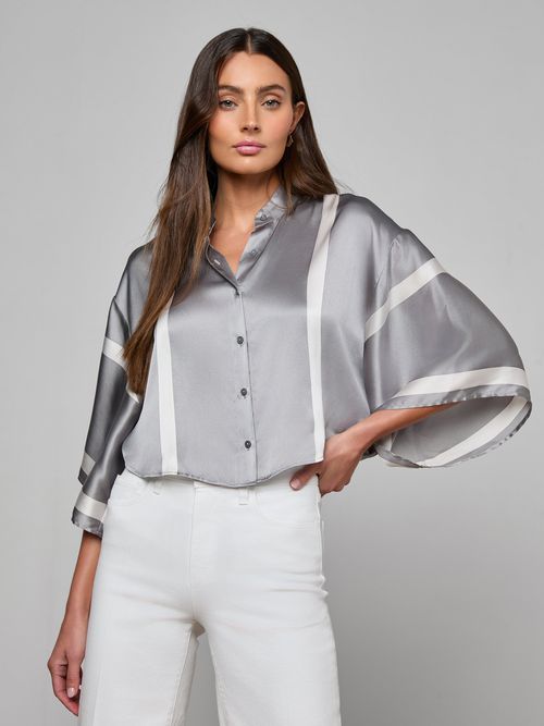 Dru Silk Blouse Top In Light Grey/white Placement Stripe