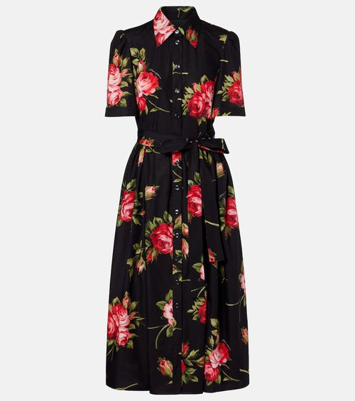 Belted floral cotton shirt midi dress