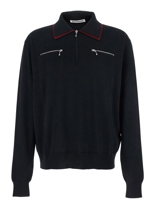 Black Sweater With Classic Collar And Front Zip Pockets In Wool Man
