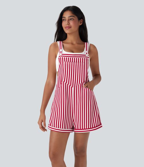 Pockets Stripe Waffle Overalls  - Crimson Stripes