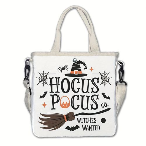 TEMU Halloween Pattern Women's Tote Bag - Adjustable & Removable Shoulder Strap, Large Capacity White Casual Handbag With Co. For Shopping