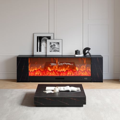 78.7" Modern White Marble Veneer Sintered Stone Electric Fireplace TV Stand with Remote Control Temperature Adjustable Coffee Table Set