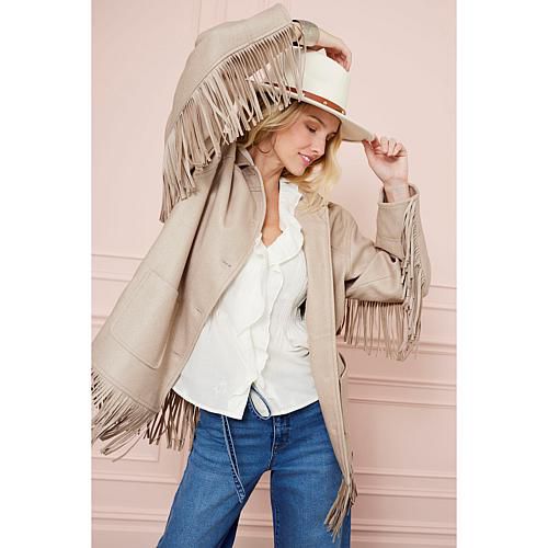 Brushed Faux Melton Jacket with Fringe - Tan