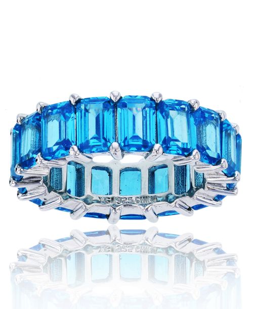 Blue Emerald Cut Cubic Zirconia Eternity Band in Rhodium Plated Sterling Silver - Blue