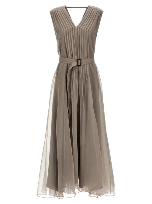 Pleated Silk Dress — Beige