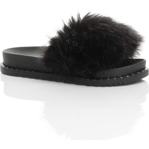 Low  Heel Fluffy Faux Fur Flip Flop Sandals  Sliders