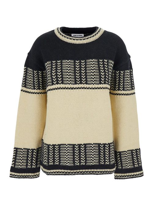 Black And White Crew Neck Sweaterwith All-over Intarsia In Wool Woman