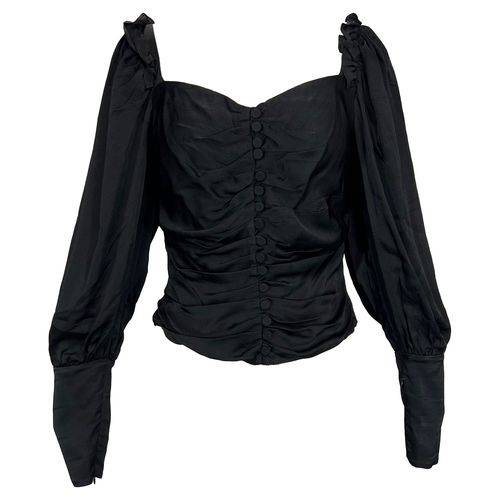 Square Neckline Long Sleeve Crop Top in Black Viscose