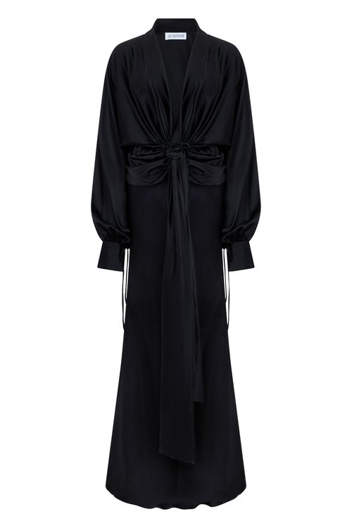 Long Draped Satin Evening Dress with Wide Neckline and Long Sleeves