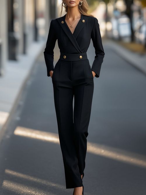Tailored Jumpsuit With Gold Button Accents - Black