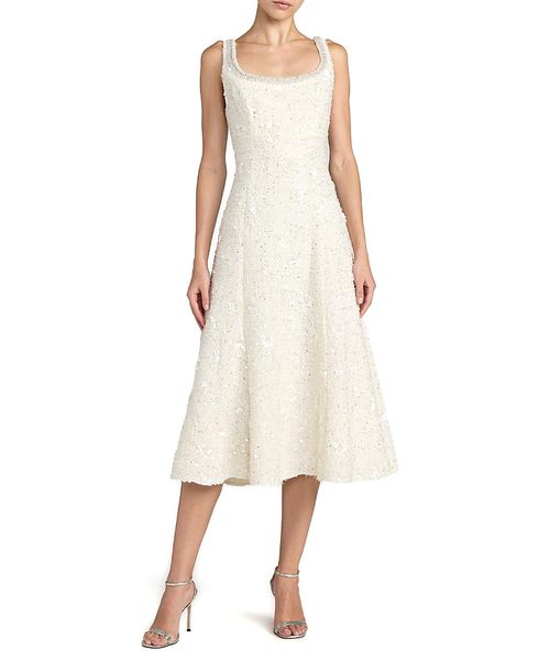 Boucle Embellished Square Neck A Line Midi Dress
