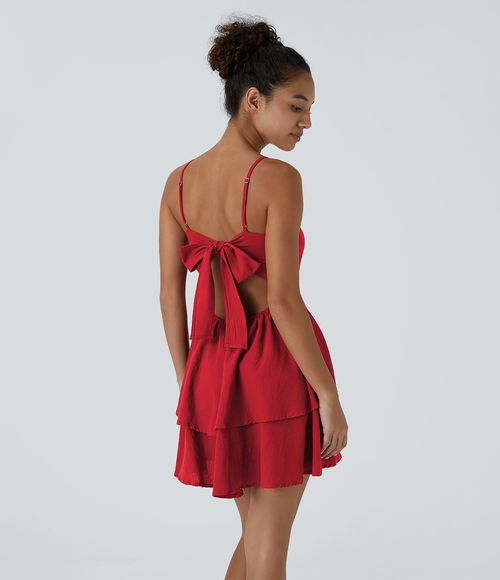 Tie Back Tiered Ruffle Flowy Slip Mini Casual Linen-Feel Dress Casual Dress - Winterberry