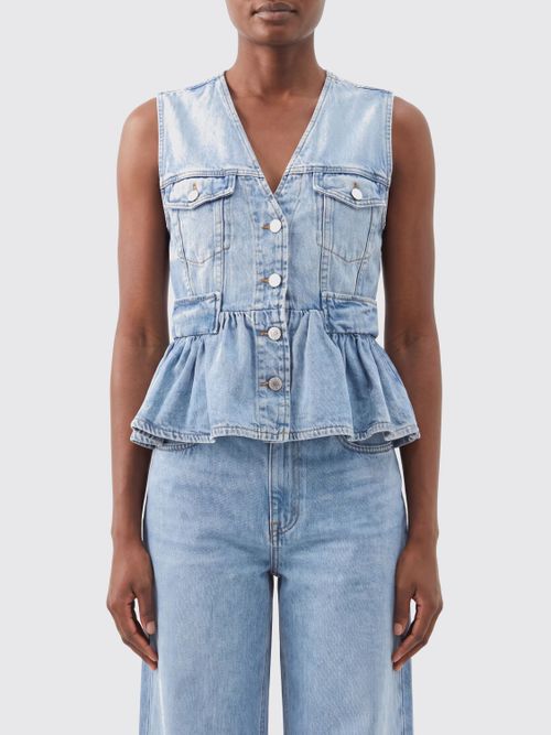 Slim Fit V-Neck Denim Top with Flounces