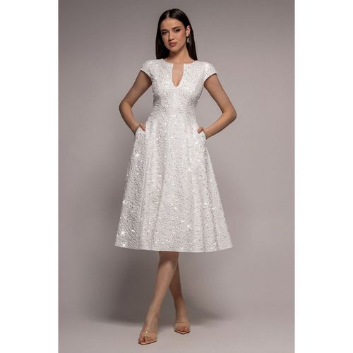 Bead Embellished Jacquard A Line Midi Dress - White by Goddiva