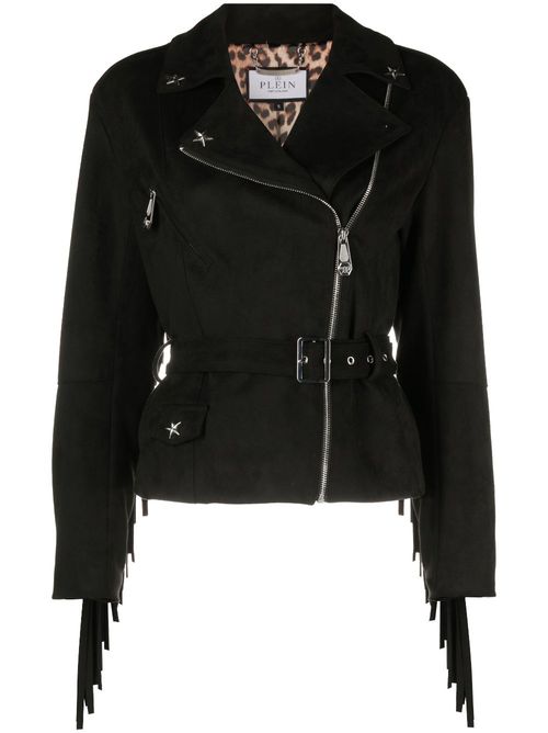 Star studded fringed biker jacket - Black
