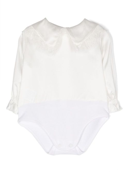 Lace-trim bib-collar rompers - White