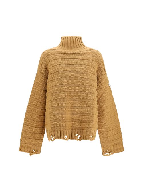 Distressed Wool Turtleneck Sweater — Beige