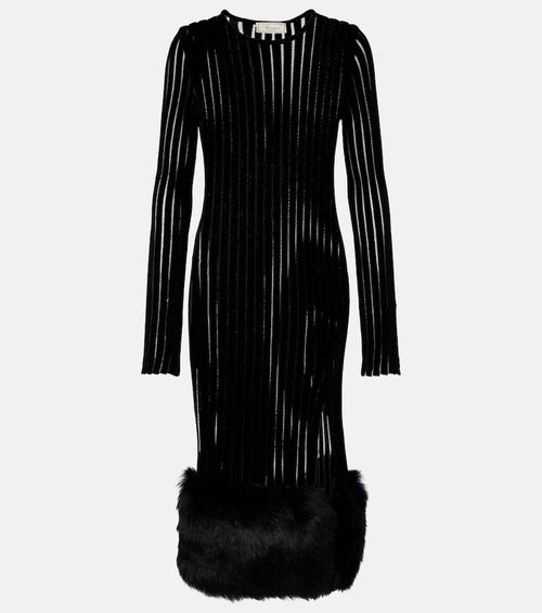 Knit faux fur-trimmed midi dress