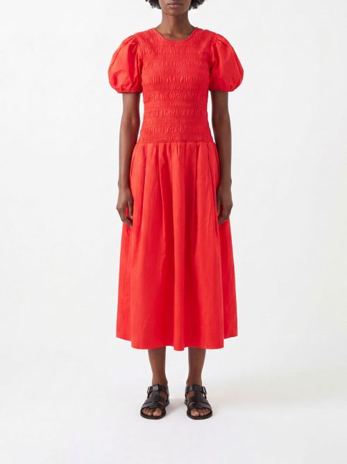Puff-Sleeve Organic Cotton Midi Dress