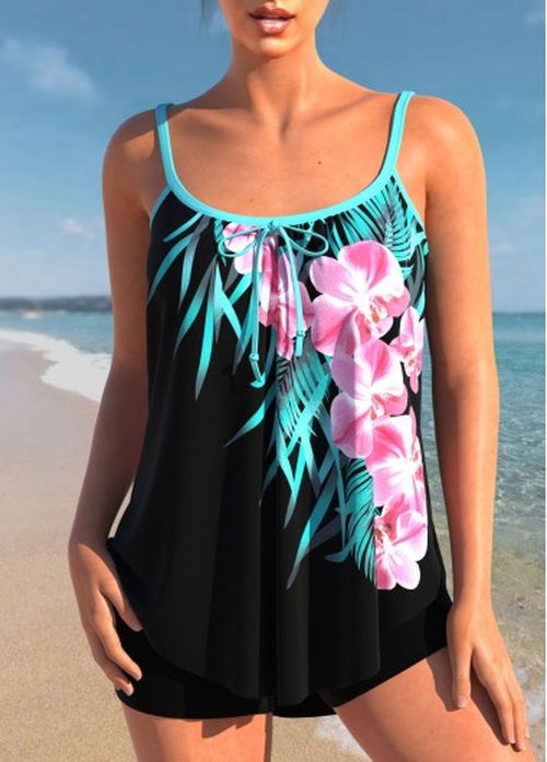 Modlily Floral Print Black Bowknot Tankini Top