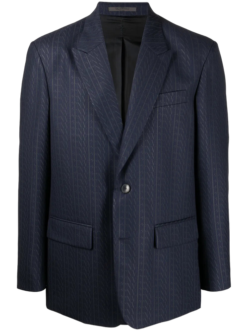 Wool Pinstripe Logo Blazer — Navy