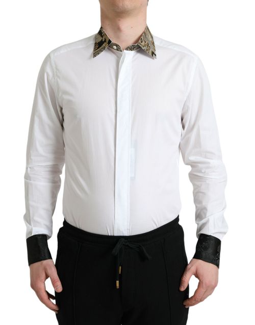 Gold Jacquard Collar & Cuff Dress Shirt — White