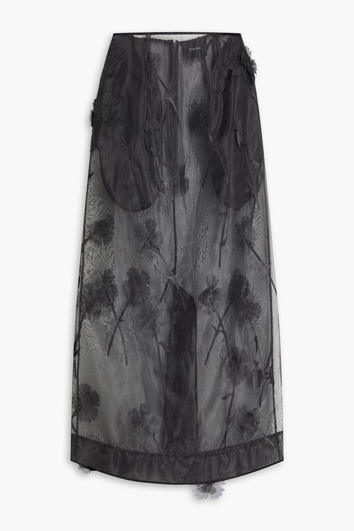 Floral-appliquéd organza midi pencil skirt - Black - UK 10
