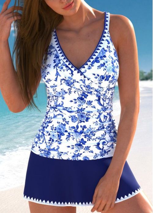 Modlily Surplice Random Floral Print Navy Tankini Set