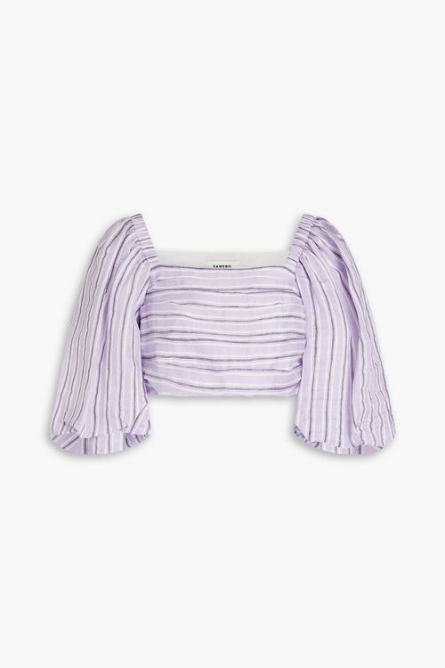 Cropped striped linen-blend gauze top