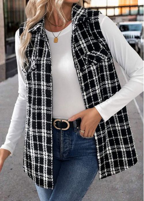 Modlily Black Patchwork Plaid Sleeveless Turn Down Collar Waistcoat