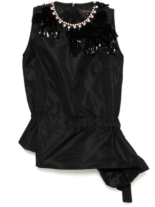 Embellished neckline taffeta top - Black