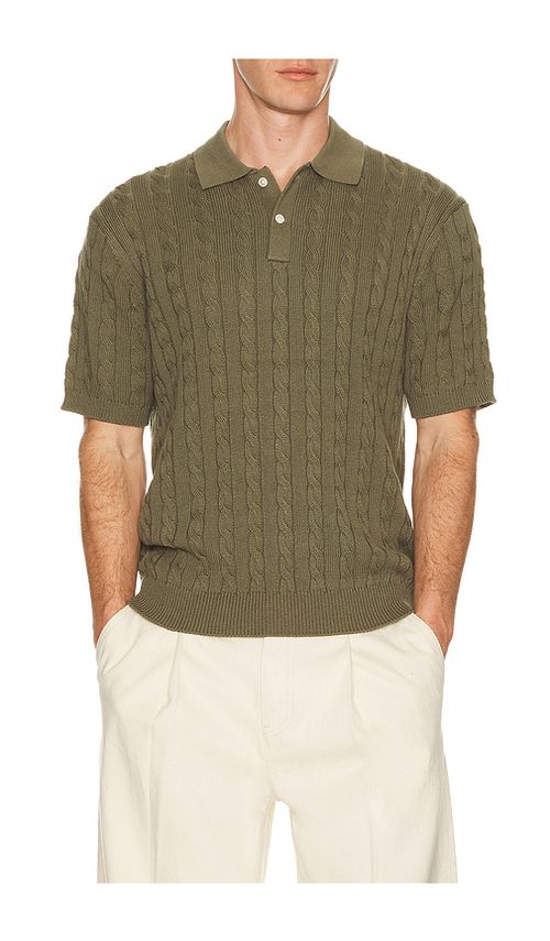 Beams Plus Knit Polo Cable in Olive - Green. L also in
