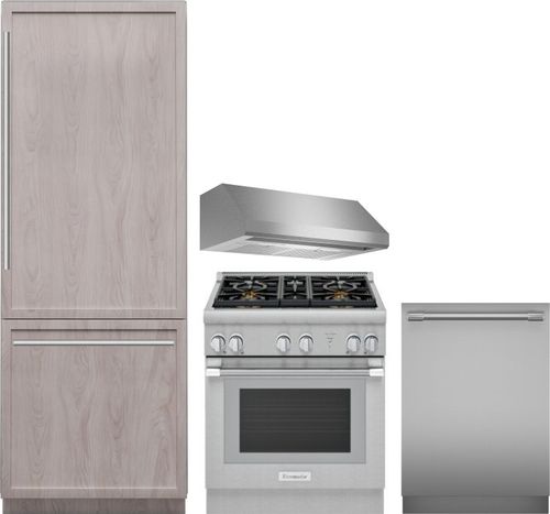 Thermador 4 Piece Kitchen Appliances Package with Bottom Freezer Refrigerator, Gas Range and Dishwasher in Panel Ready THRERADWRH