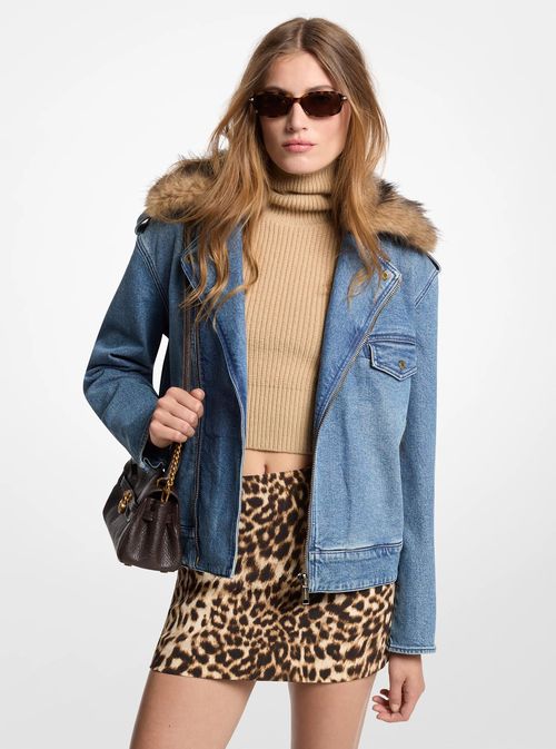 Michael Kors Faux Fur Trim Denim Moto Jacket in Blue - size XS by