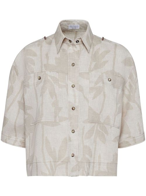 Leaf-print linen shirt - Neutrals