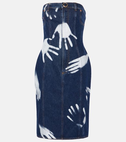 Printed strapless denim midi dress