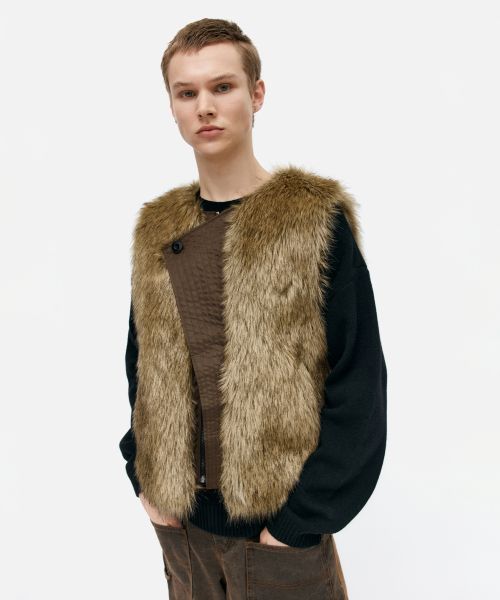 UNISEX CURVED PLACKET REVERSIBLE FAUX-FUR VEST awa722u