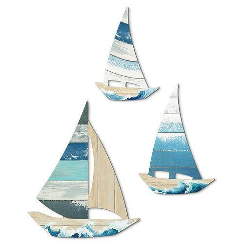 TEMU 3pcs Rustic Wooden Sailboat Wall Decor, Nautical Summer Ocean Art Hanging Signs, Frameless, , For Living Room, Bathroom, Bedroom - Ideal Gift