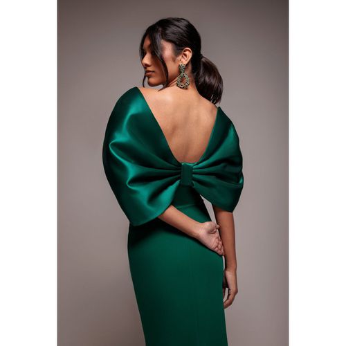 Goddiva Off Shoulder Back Satin Bow Scuba Maxi Dress - Emerald Green