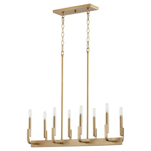 Aged Brass Eight Light Linear Chandelier from the Tempo Collection