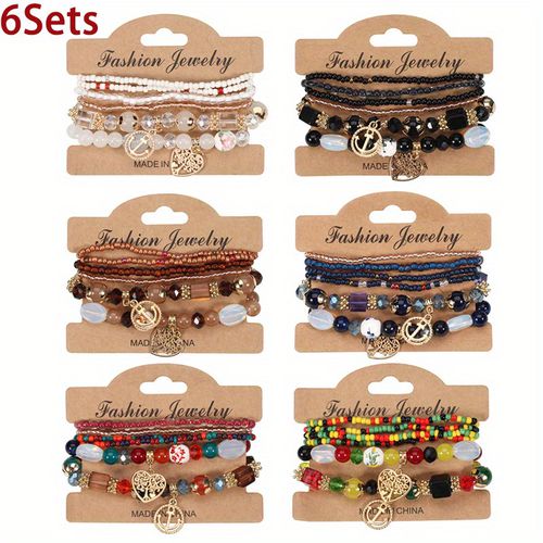 TEMU 6pcs Chic Bracelet Set For Women - Adjustable, Stackable Beaded Stretch Bracelets With Life Tree & Tassel Charms, Ethnic Bohemian Style
