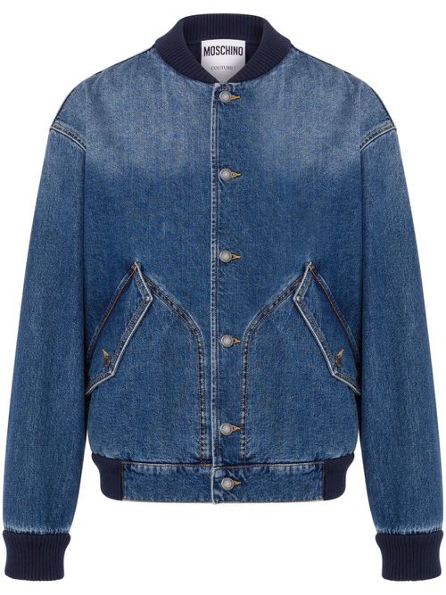 Logo-patch denim bomber jacket - Blue