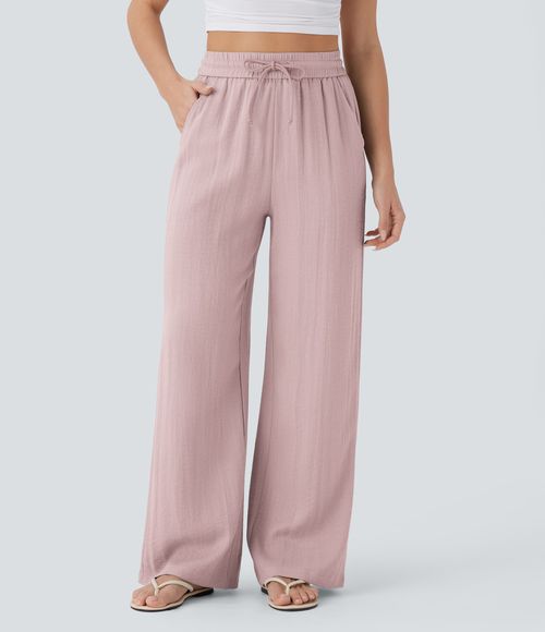 High Waisted Drawstring Pocket Wide Leg Casual Linen-Feel Pants  - Pinkesque