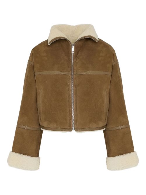 Shearling-Trimmed Suede Jacket — Caramel